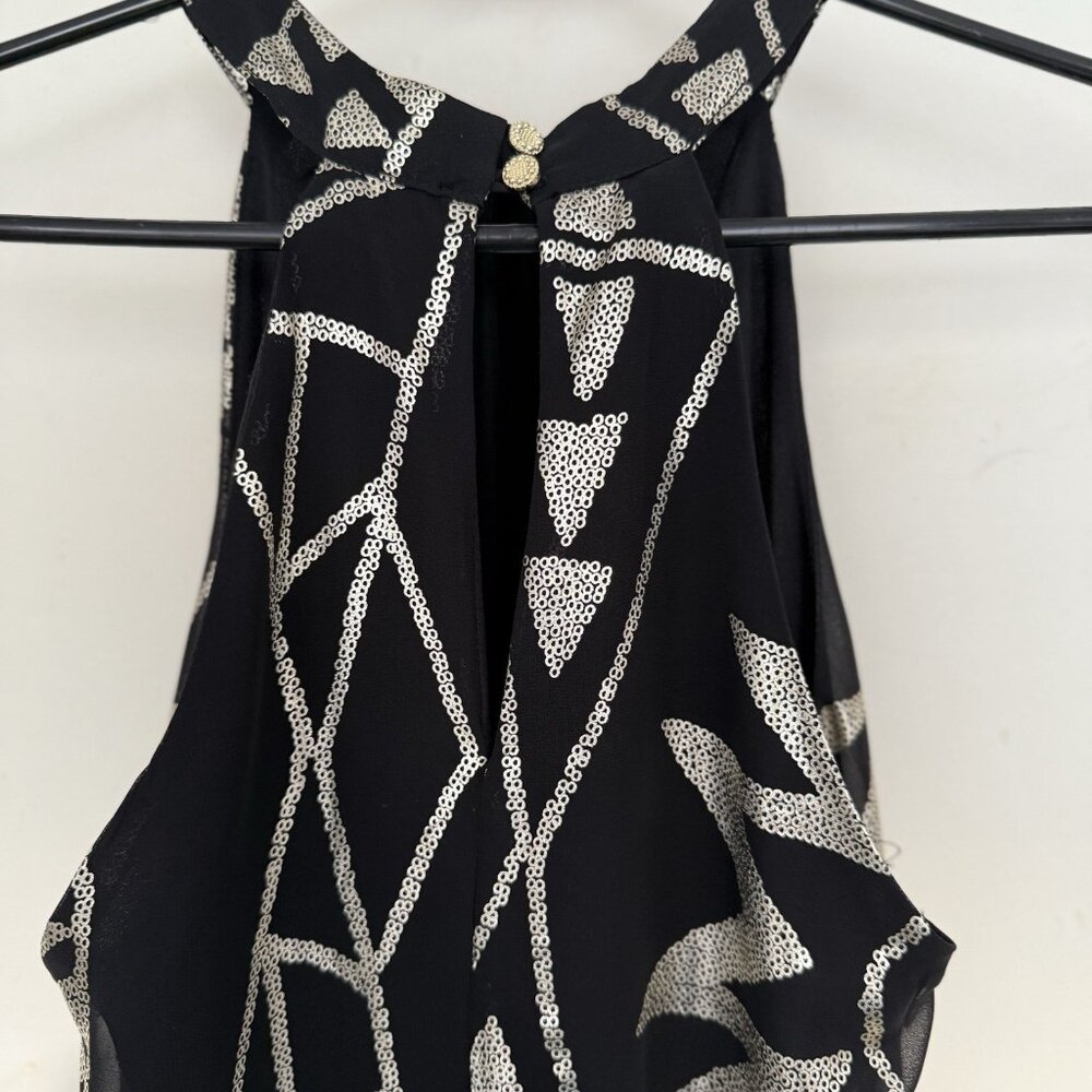 Mini Halter‎ Swing Dress Size S Black Gold Sparkle Glam Event Party Cocktail LBD - Picture 8 of 10